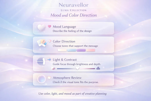 Neuravellor Luma Collection design guide with mood language, color direction, light & contrast, and atmosphere review sections on a soft gradient background.