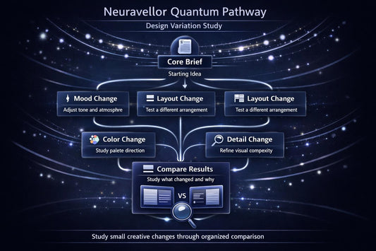 Neuravellor Quantum Pathway design variation study diagram on a dark background with glowing elements.