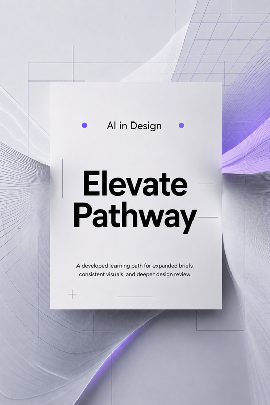 Poster titled 'Elevate Pathway' with text about AI in Design on a futuristic background.