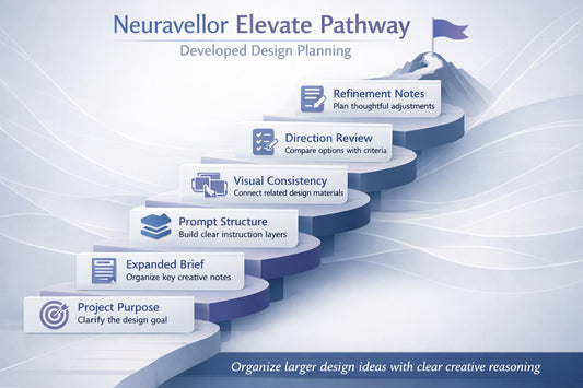 Staircase diagram titled 'Neuravellor Elevate Pathway' with design planning steps on a light blue background.