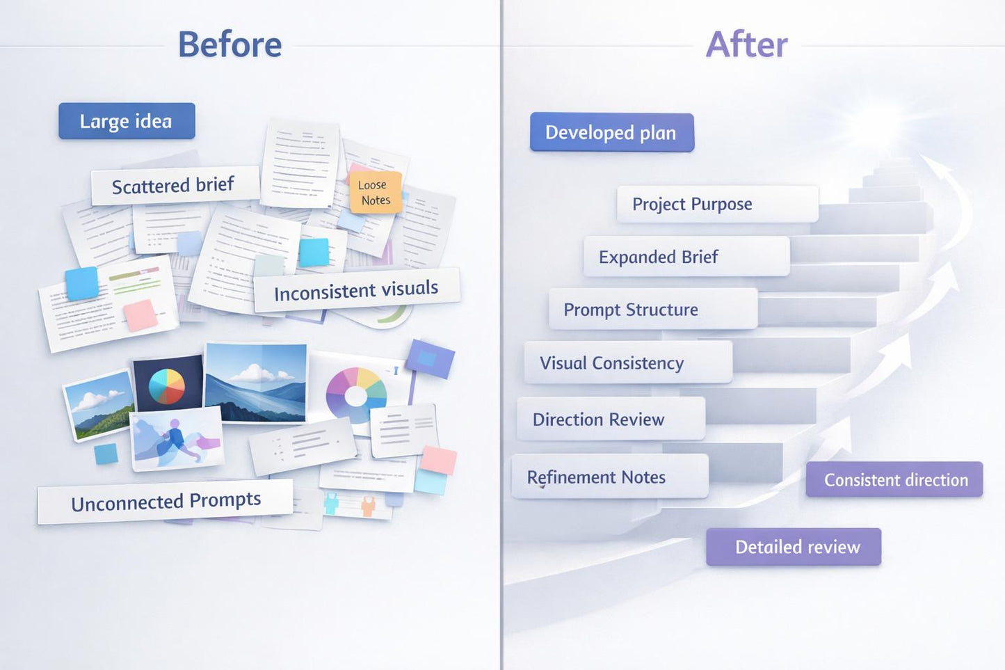 Comparison of 'Before' and 'After' project planning stages with text and icons.