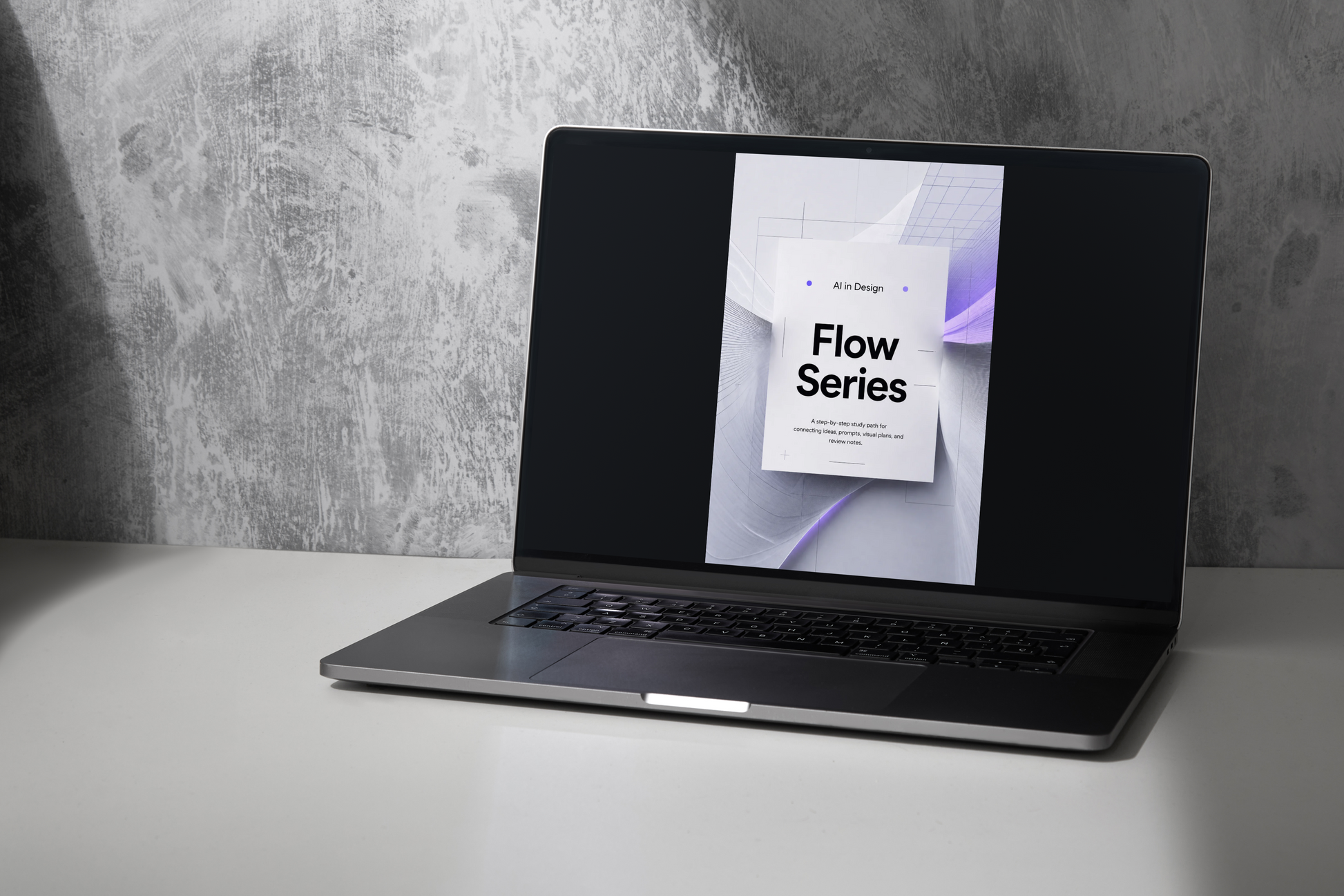 Laptop displaying a 'Axis Guide' on a gray surface with a textured wall background