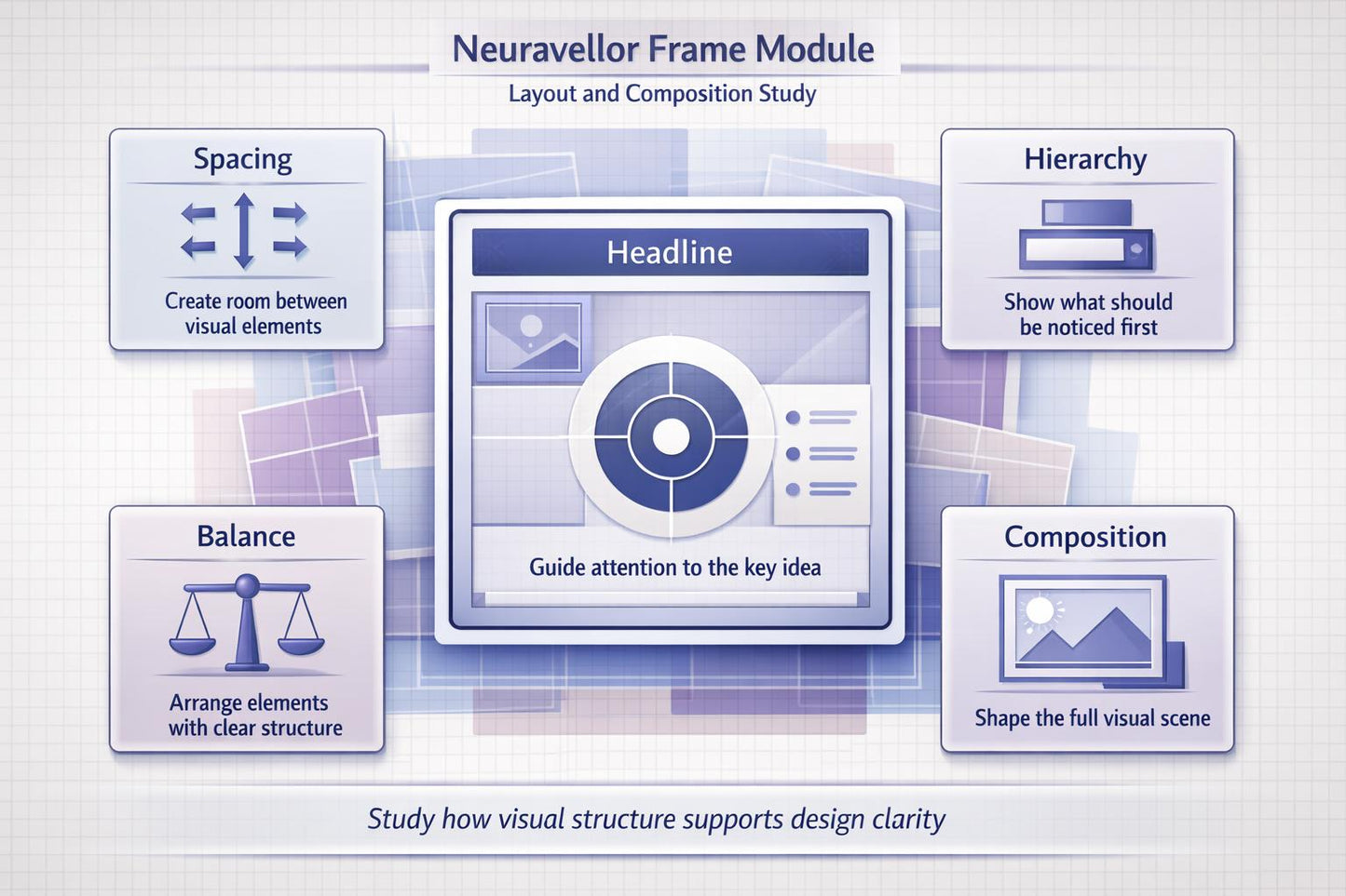Diagram of Neuraveller Frame Module with design principles on a light gray background