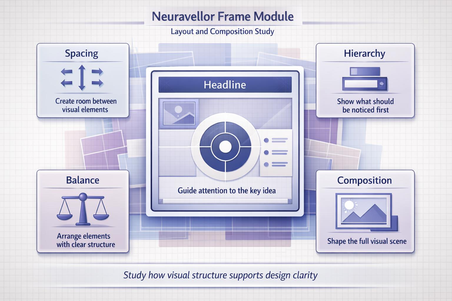 Diagram of Neuraveller Frame Module with design principles on a light gray background
