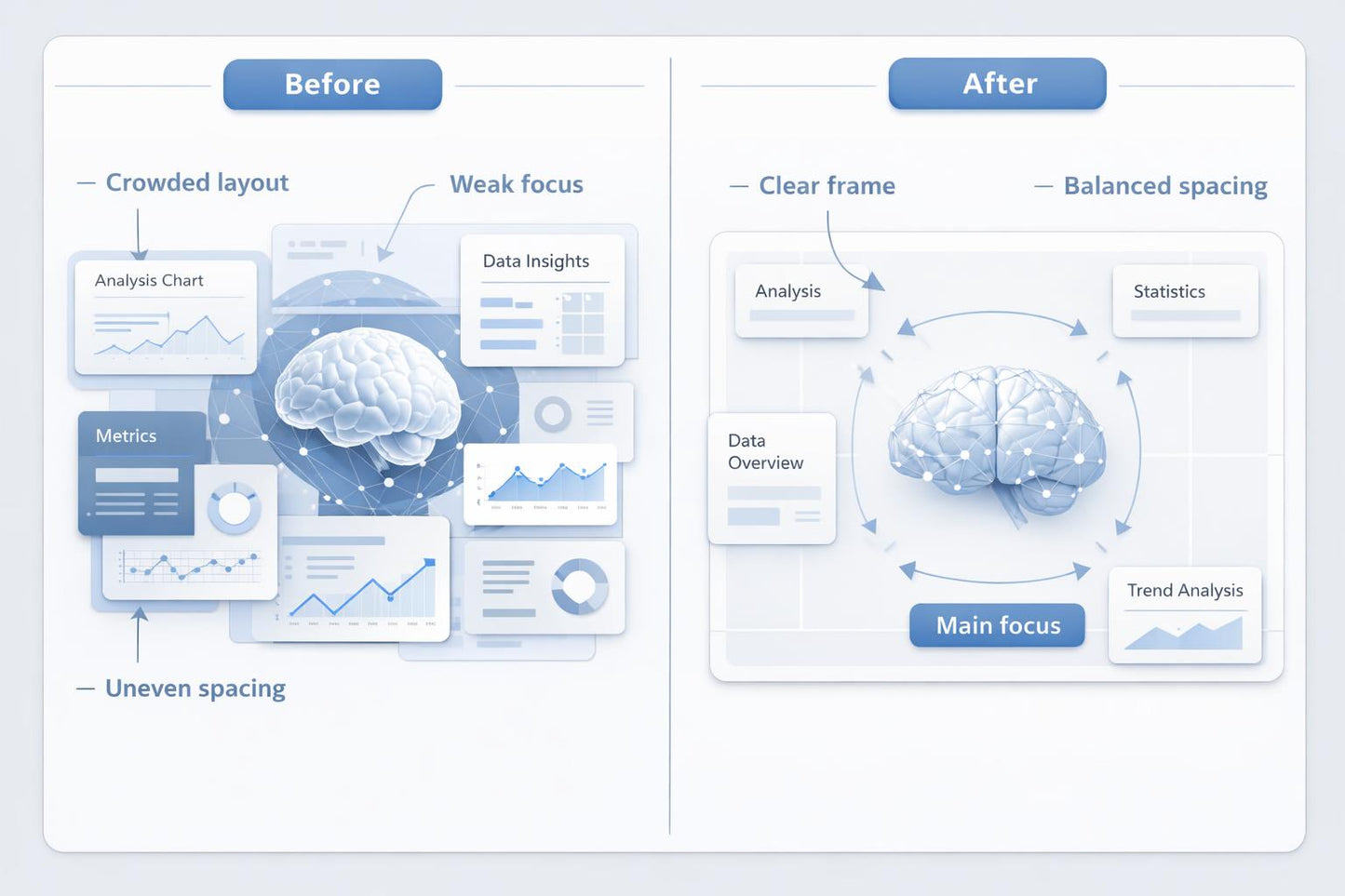 Before and after comparison of a data visualization layout with improved design elements.