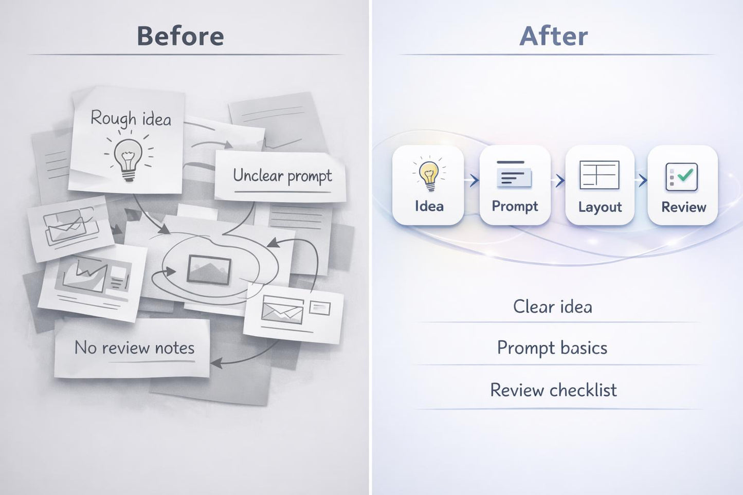Before and after comparison of a design process flowchart with text labels.