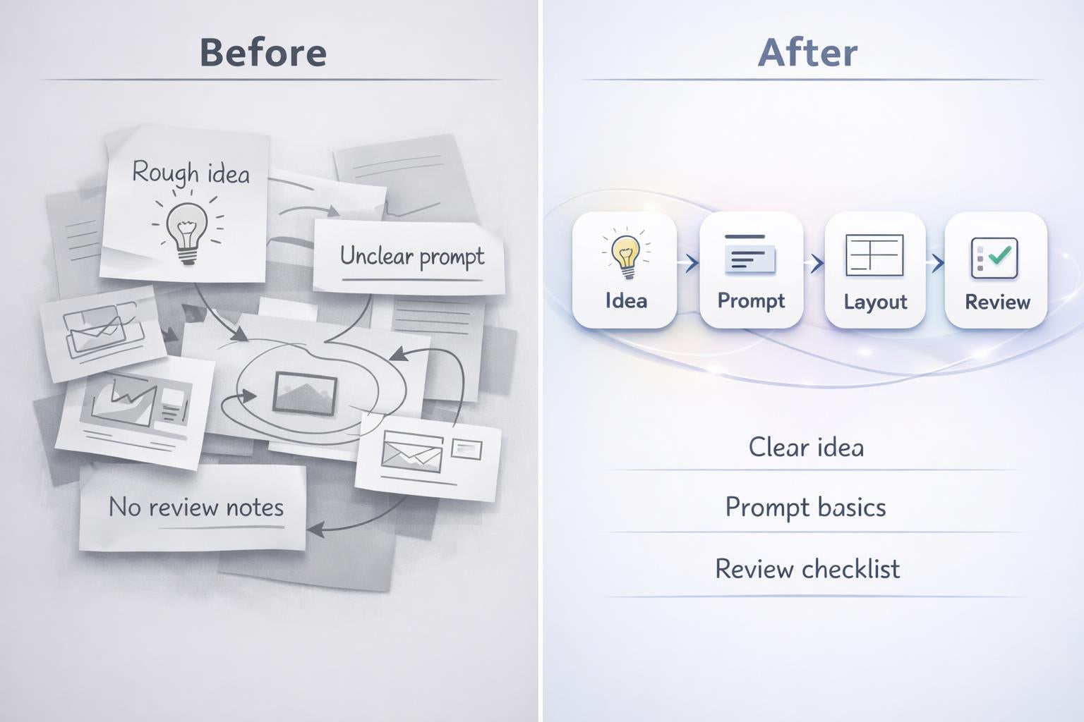 Before and after comparison of a design process flowchart with text labels.