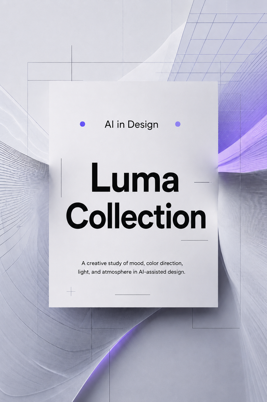 Luma Collection poster with futuristic design elements on a white background