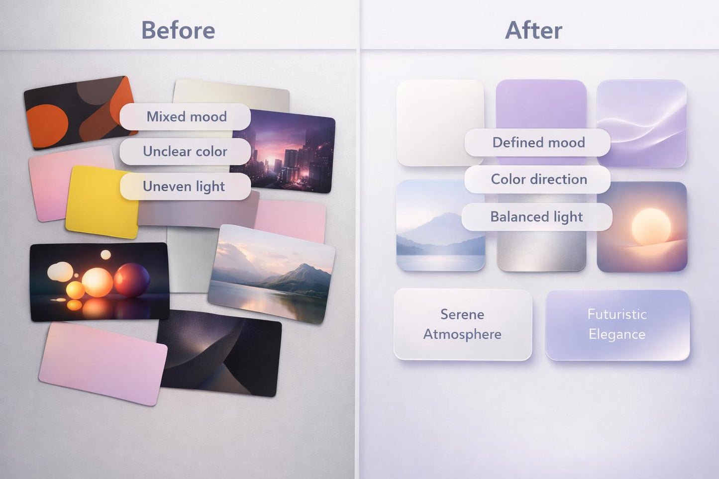 Before and after comparison of photo editing with labeled improvements on a white background