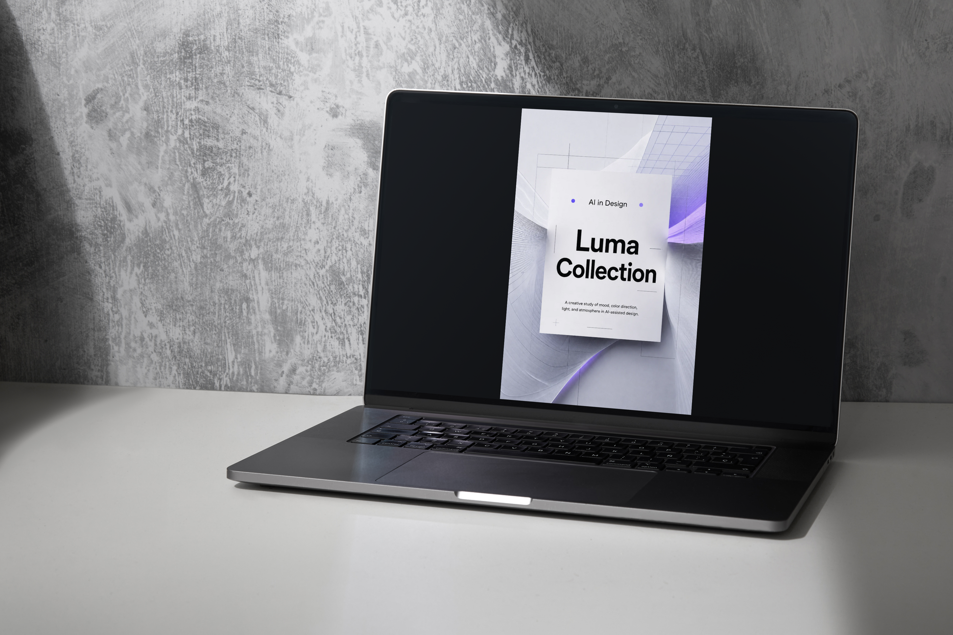 Laptop displaying a 'Axis Guide' on a gray surface with a textured wall background