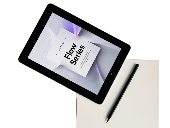 Tablet displaying a design software interface with a pen on a white surface