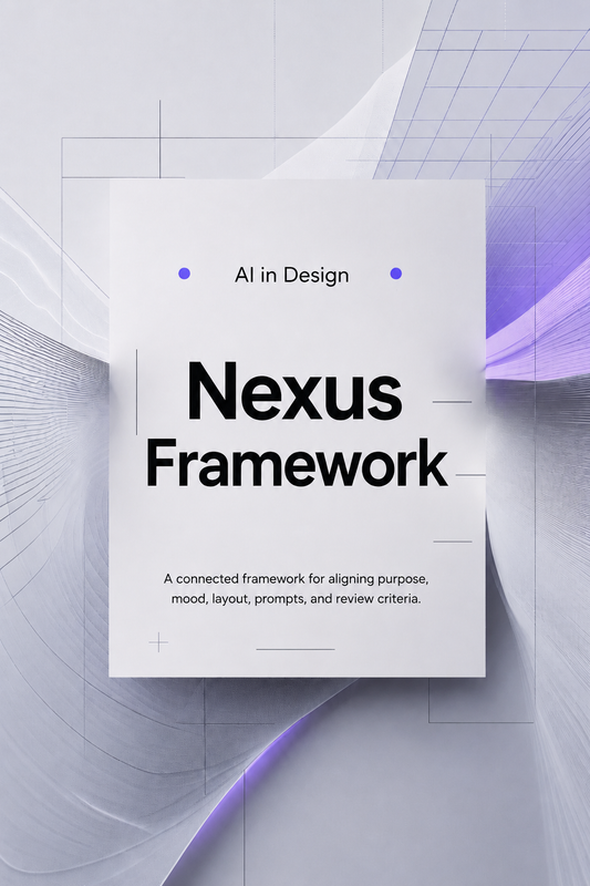 Nexus Framework poster with futuristic design elements on a white background