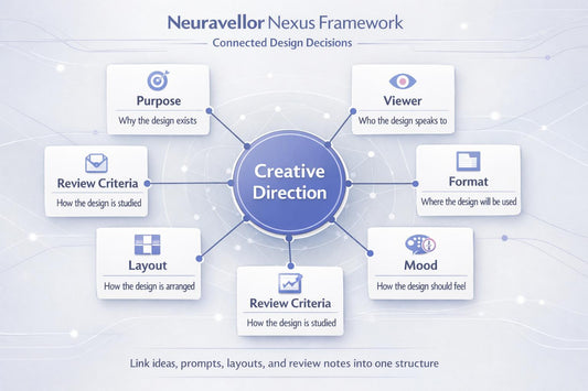 Neuravellor Nexus Framework diagram with interconnected design decisions on a light blue background.