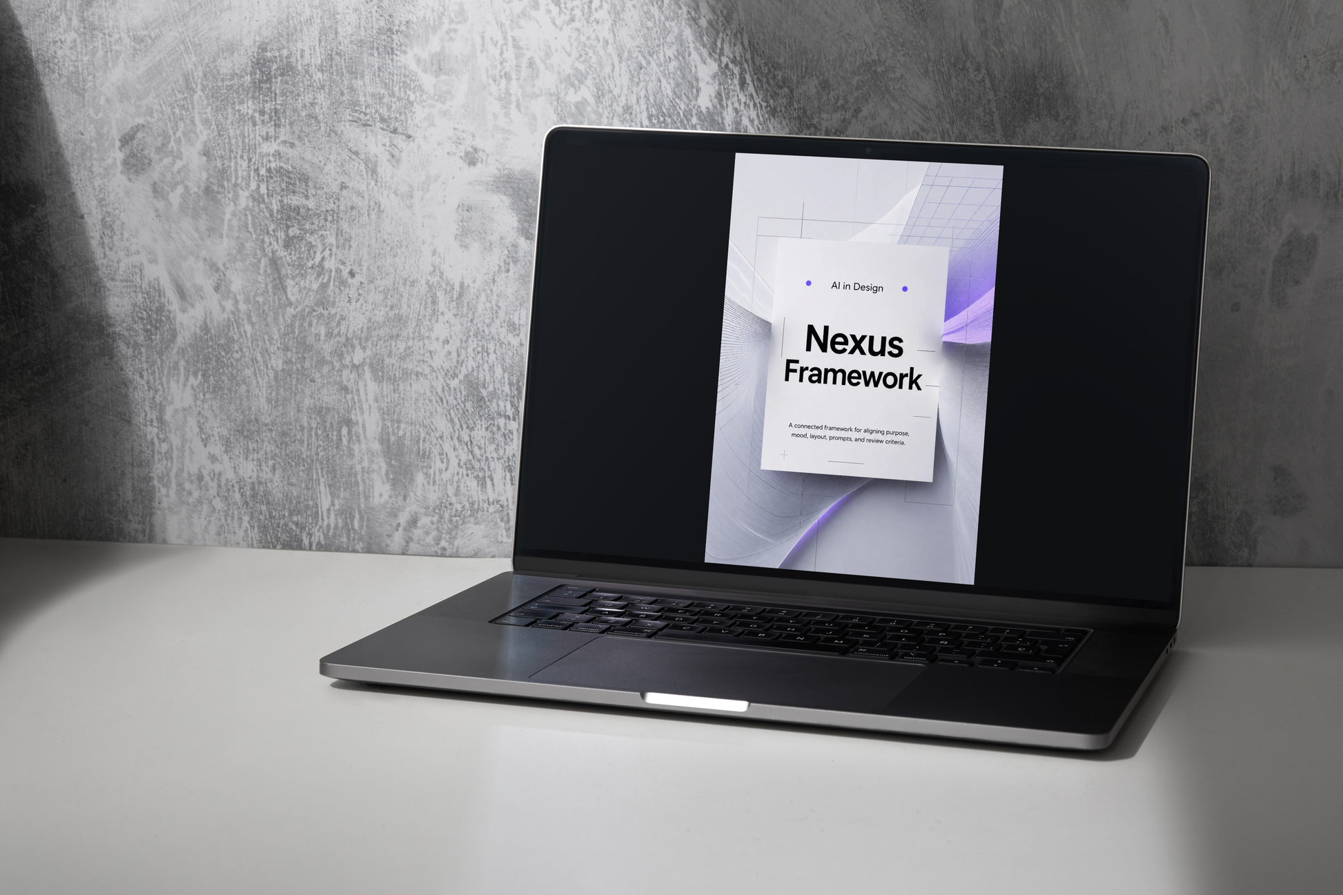 Laptop displaying 'Nexus Framework' on a gray surface with a textured wall background