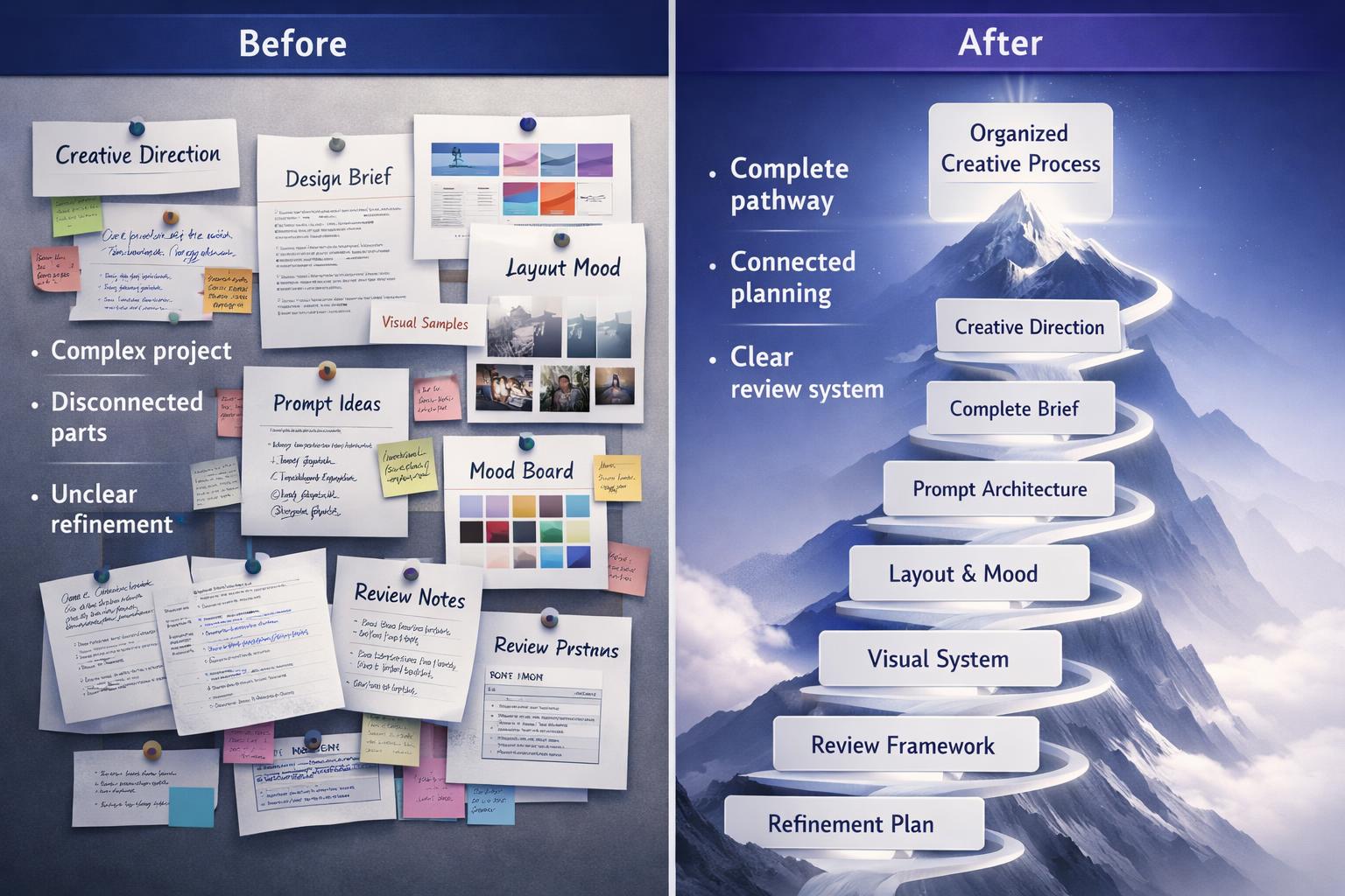 Before and after comparison of a project management board with notes and a mountain-themed diagram.