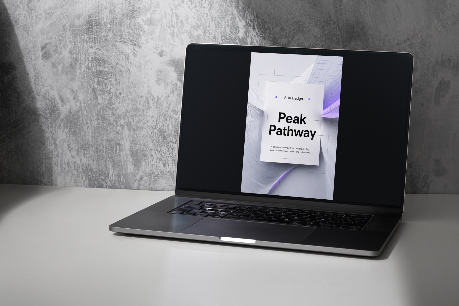 Laptop on a gray surface with 'Peak Pathway' displayed on the screen against a gray background