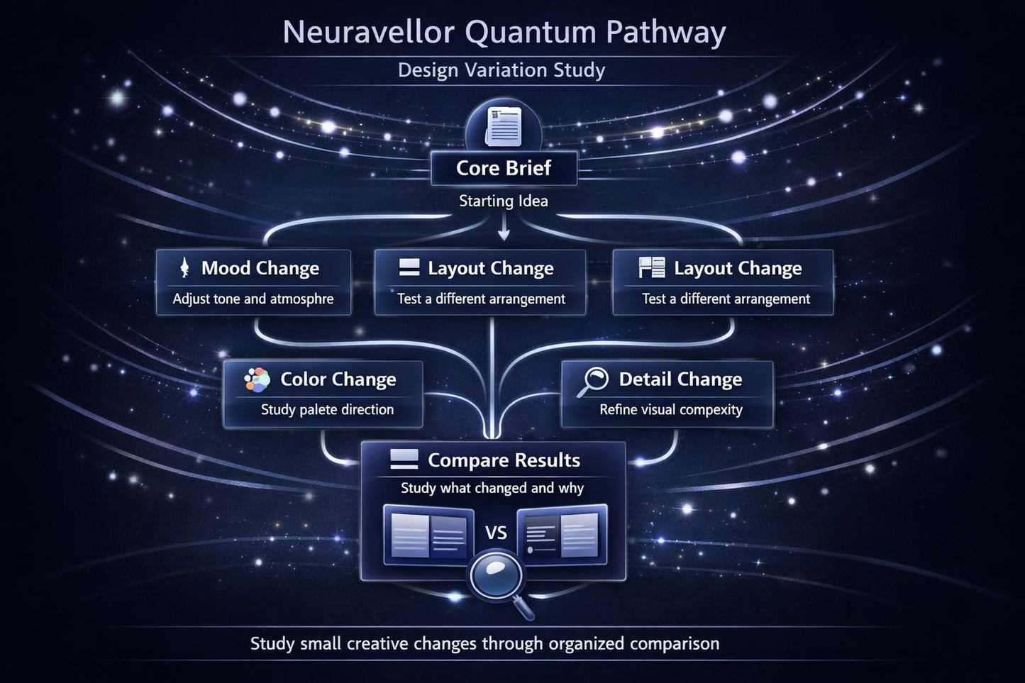 Neuravellor Quantum Pathway design variation study diagram on a dark background with glowing elements.