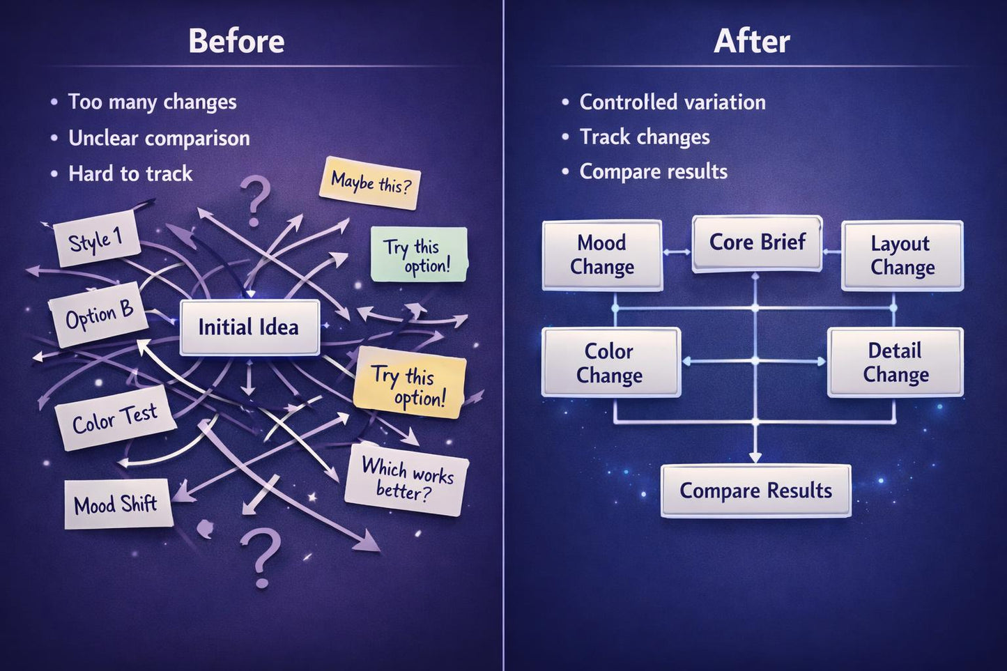 Before and after comparison of a design process flowchart on a blue background