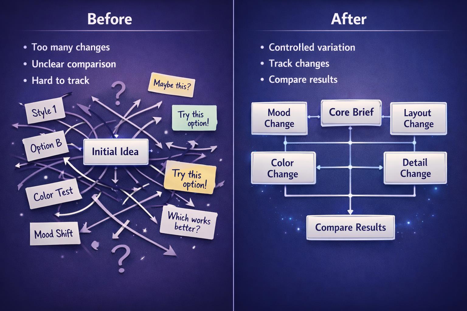 Before and after comparison of a design process flowchart on a blue background