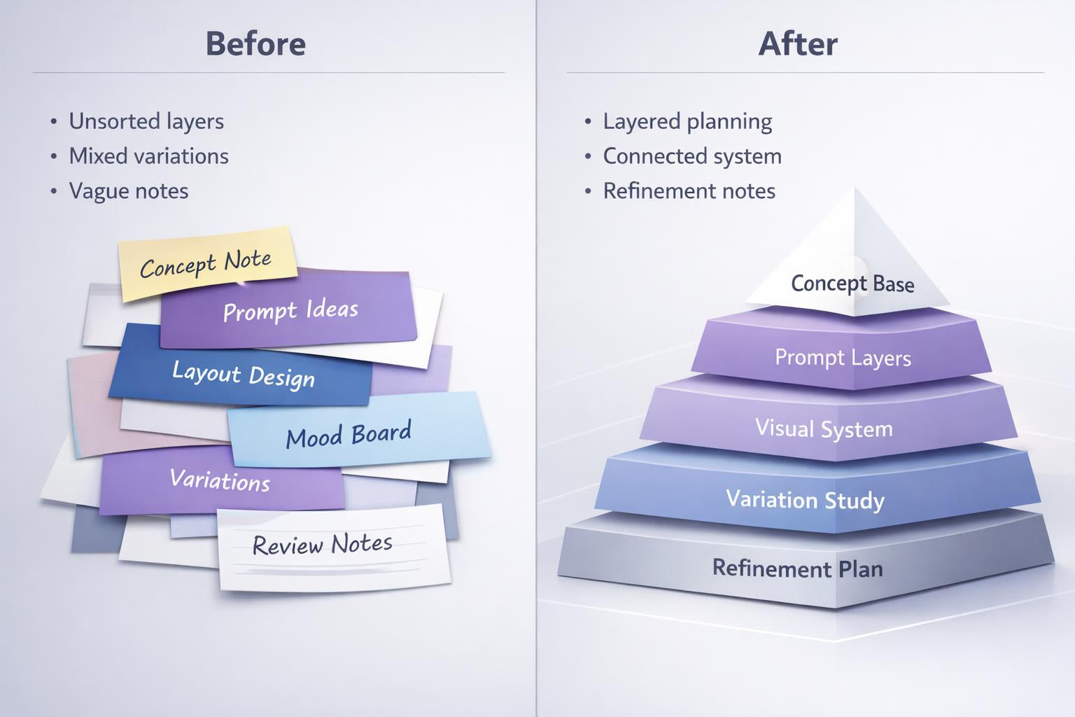 Comparison of unsorted layers and sorted planning stages with colorful sticky notes and stacked pyramid.